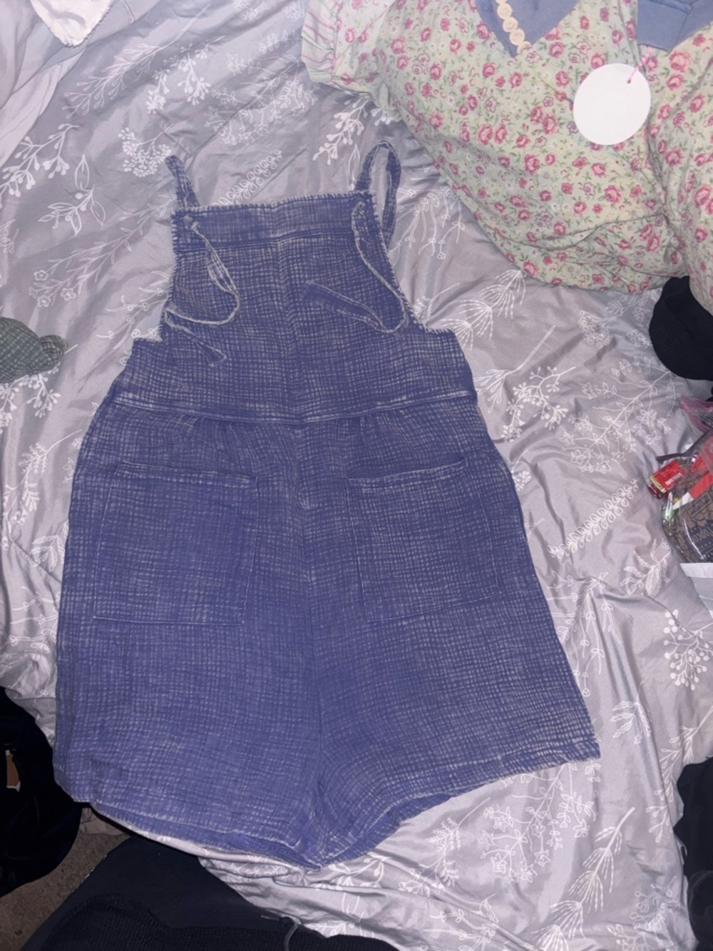 Zenana Outfitters Blue Textured Short Overalls Romper